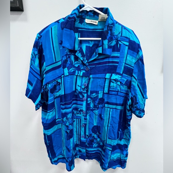 C.M. Shapes Vtg Blue Floral Buttoned Blouse shoulder pads short sleeve top 1X - Picture 1 of 8